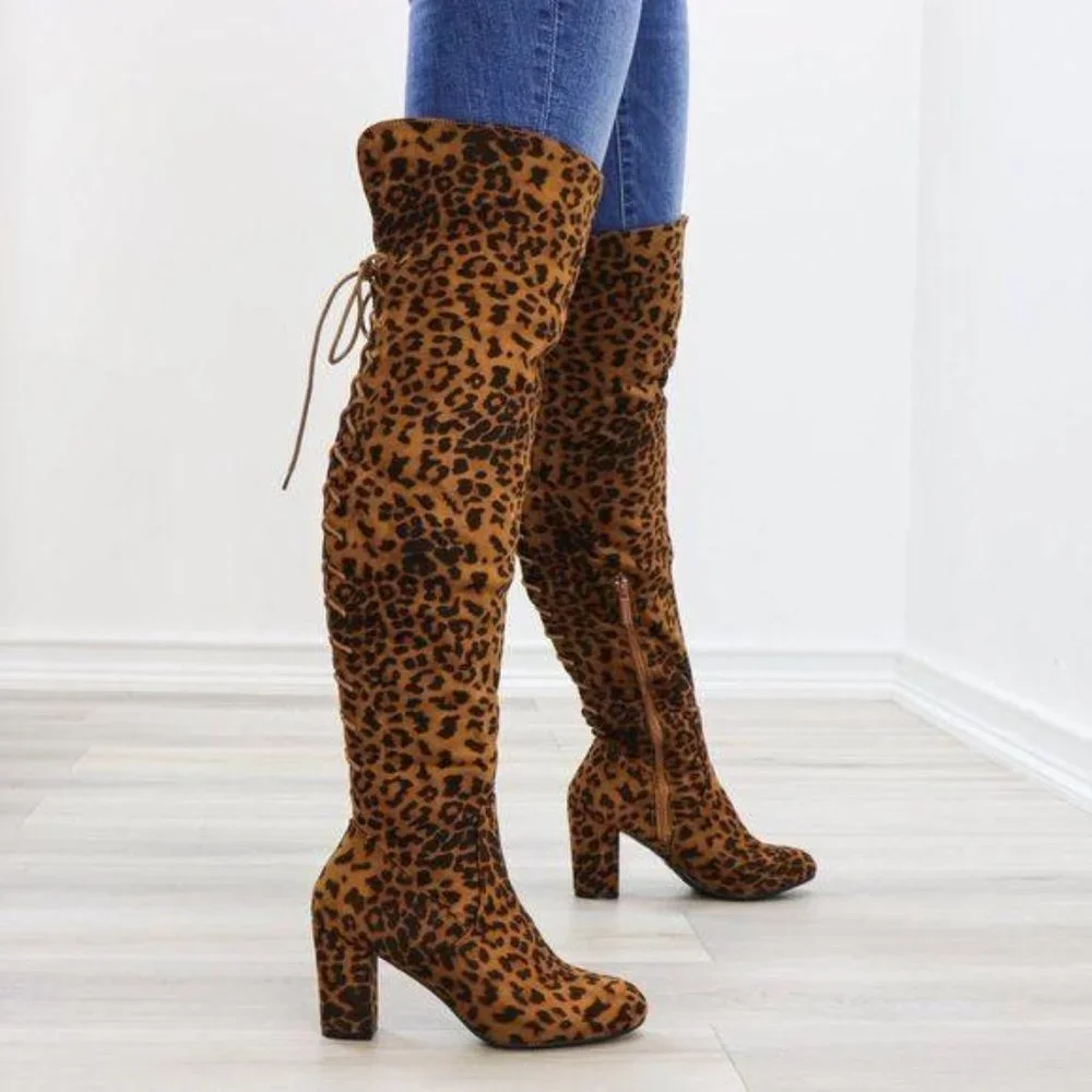 Suede Leopard Thigh High Heeled Boots Back Laces - Picture 5 of 15